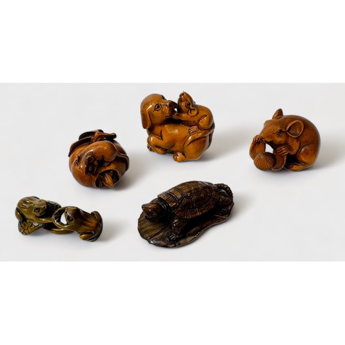 86 - Five various Japanese carved and stained boxwood Netsuke, signed, including, tortoise on leaf, two f... 