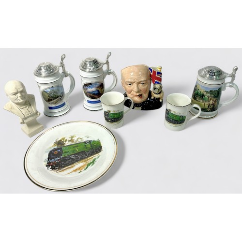 76 - A collection of Davenport Pottery Railway ceramics, including steins, cups and plates, together with... 