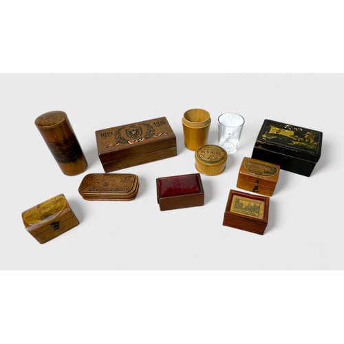 418 - Various Mauchline ware needle cases, pin cushion and other treen items including a WW1 Imperial Germ... 