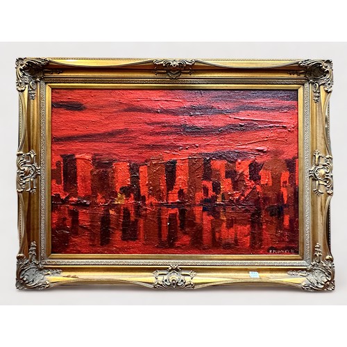 661 - 20th century abstract impasto oil landscape in shades of red, signed R Plumley, possibly Richard Plu... 