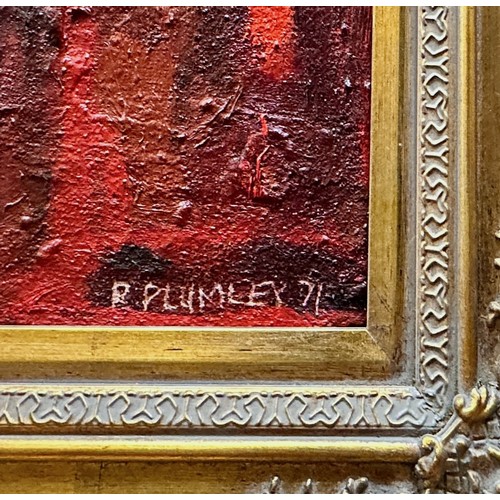 661 - 20th century abstract impasto oil landscape in shades of red, signed R Plumley, possibly Richard Plu... 