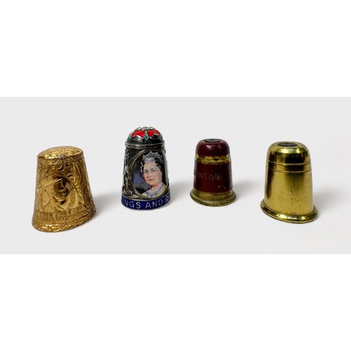 401 - Four Royal Commemorative Thimbles, comprising Edward VIII gold-plated thimble, a silver and enamel t... 