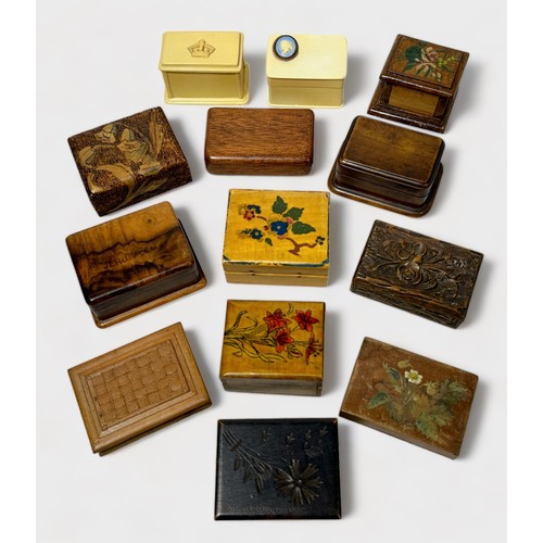 425 - Twenty-one various postage stamp boxes including carved, painted, faux ivory, leather etc