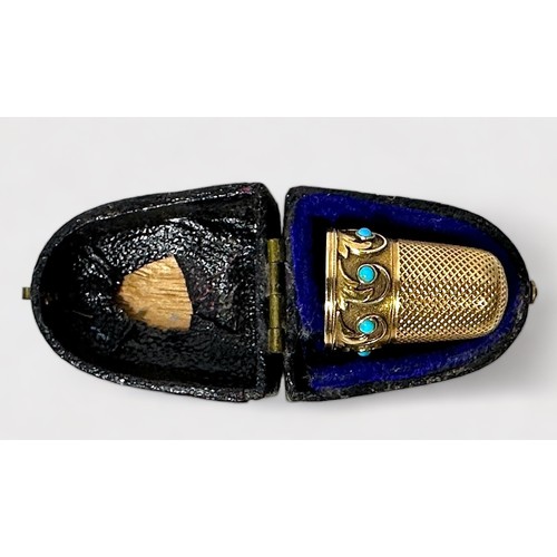 397 - A 19th century unmarked gold thimble, of typical diseign with dimpled crown and skirt, the lower fri... 