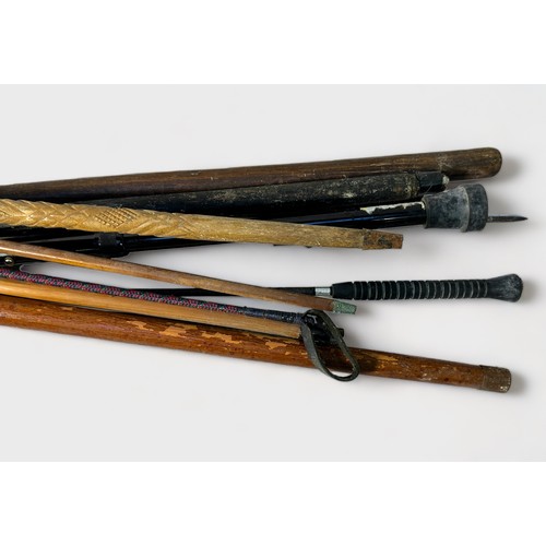 505 - A quantity of assorted walking and swagger sticks, etc, including a sword stick with dragon head han... 