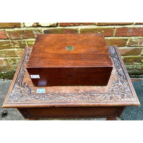 415 - A 20th Century Indian hardwood sewing box, blind fret carved foliate borders, hinged top opens to re... 