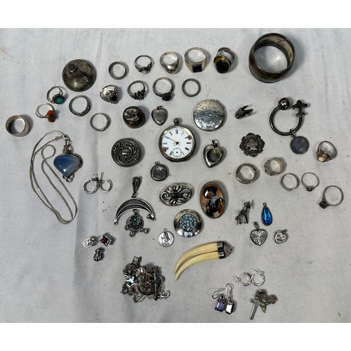 147 - A quantity of silver and white-metal jewllery and accessories including rings, brooches and necklace... 