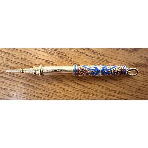 264 - A gold and enamelled propelling pencil by Sampson Mordan & Co. The outer sleeve blue, red and white ... 