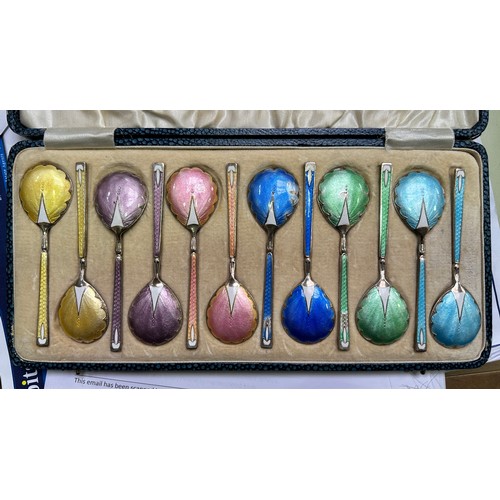 126 - A set of 12 silver and guilloche enamel teaspoons by Walker & Hall, in six colour pairs, hallmarked ... 