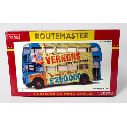 379 - A boxed SunStar 1/24 scale Routemaster Bus, 2905 RM686-WLT ‘Vernon’s Pools’ livery, complete with nu... 