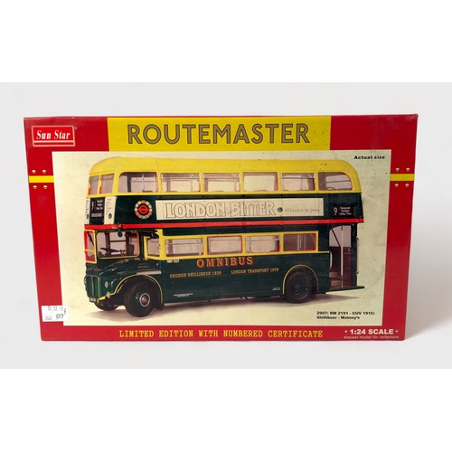 380 - A boxed SunStar 1/24 scale Routemaster Bus, 2907 RM2191-CUV 191C ‘Shillibeer - Watney’s’ in green fi... 