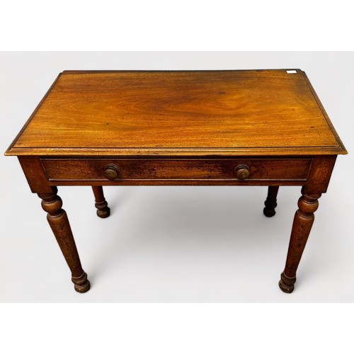 594 - A Victorian mahogany rectangular side table with single drawer, turned wooden pulls, raised on four ... 