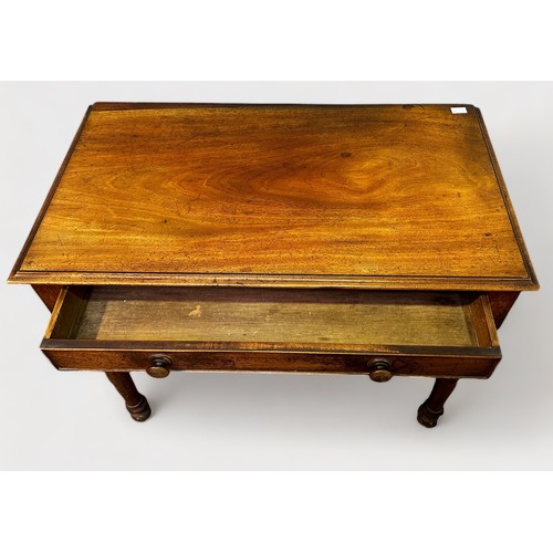 594 - A Victorian mahogany rectangular side table with single drawer, turned wooden pulls, raised on four ... 