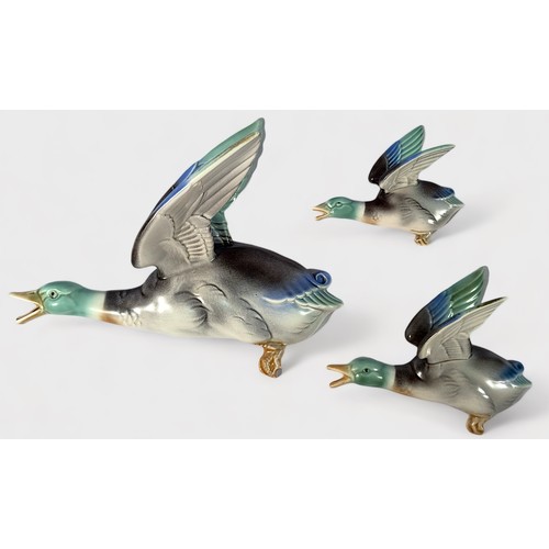 26 - A set of three Poole Pottery Art Deco wall ornaments in the form of graduating flying Mallard ducks ... 