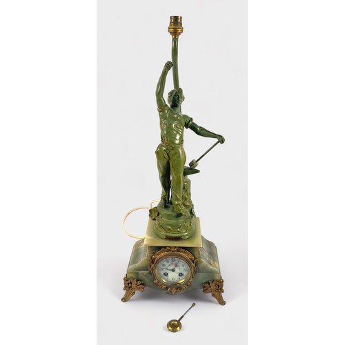 502 - A late 19th Century French onyx and spelter figural figural mantel clock, converted to a lamp, ename... 