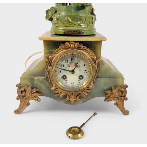 502 - A late 19th Century French onyx and spelter figural figural mantel clock, converted to a lamp, ename... 