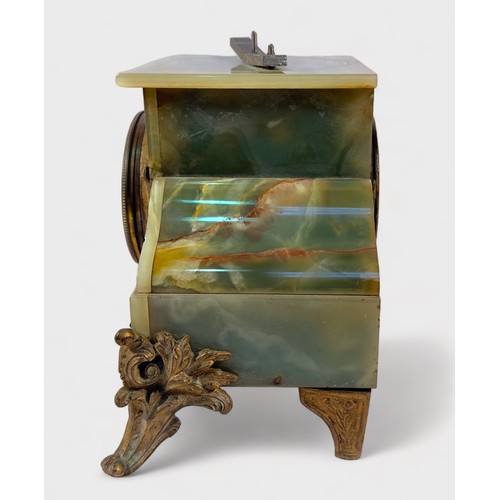 502 - A late 19th Century French onyx and spelter figural figural mantel clock, converted to a lamp, ename... 