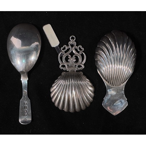 88 - Three various silver caddy spoons including a George IV example by John, Henry and Charles Lias, hal... 