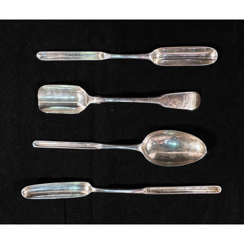 93 - Four items of Georgian silver flatware, comprising two Georgian silver marrow scoops including a Geo... 