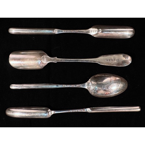 93 - Four items of Georgian silver flatware, comprising two Georgian silver marrow scoops including a Geo... 