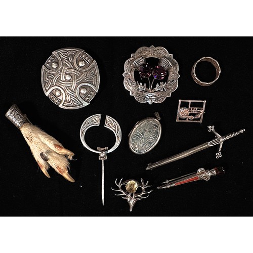 170 - Various Scottish Provincial Silver comprising Celtic plaid brooch, penannular brooch, amethyst thist... 