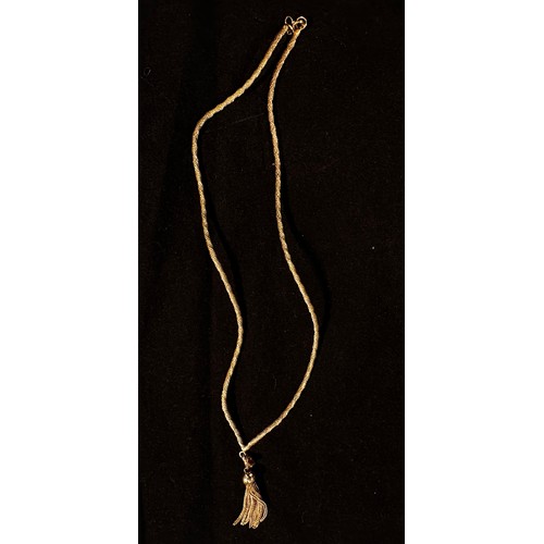 163 - A 9ct gold necklace of woven-lace style with ball and tassle pendant 10.82g