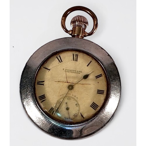 135 - A gold-plated open-face pocket watch by Waltham USA, the white enamel dial with retailers mark for ‘... 