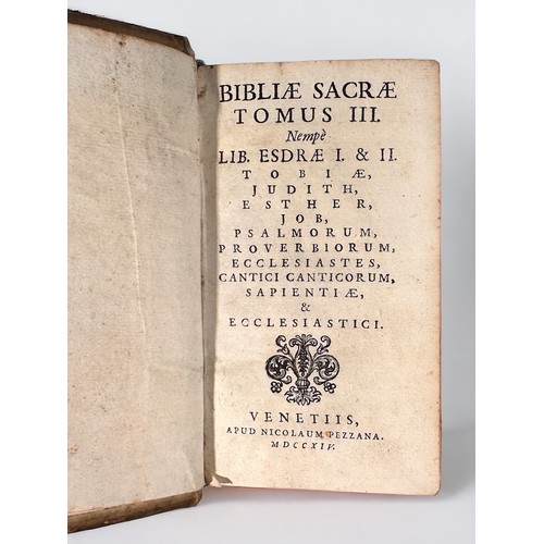 483 - BIBLIAE SACRAE, TOMUS III (Volume III) published Venetiis, Nicolaum Pezzana, 1714, 32mo, wrapped boa... 