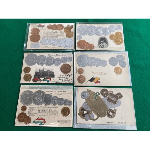 306 - A collection of approximately 55 stamp postcards and six coin cards in good condition (though one co... 