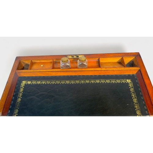 341 - A Victorian mahogany writing slope with walnut veneer and brass inlay, together with a smaller Victo... 