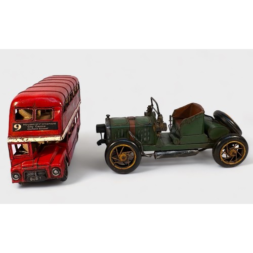 342 - Three various decorative tin-plate models, including a London Double Decker Bus, a Steam Locomotive ... 