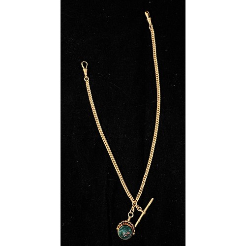 143 - A 9ct gold curb Albert chain with two dog clips, t-bar and bloodstone and carnelian swivel fob, gros... 