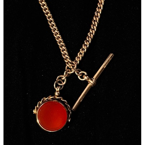 143 - A 9ct gold curb Albert chain with two dog clips, t-bar and bloodstone and carnelian swivel fob, gros... 