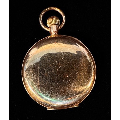 144 - A 9ct gold cased open-face pocket watch, the white enamel dial inscribed with retailer ‘T. Pickett L... 