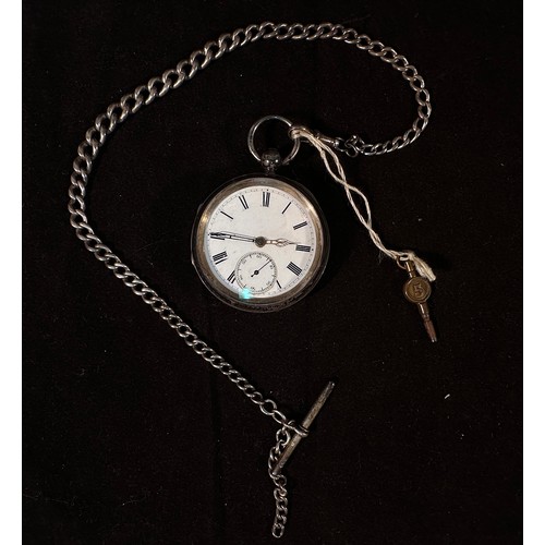 142 - A late Victorian silver cased, open-face pocket watch, the white enamel dial with Roman numerals den... 