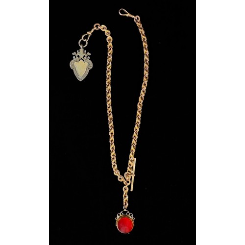 146 - A 9ct gold rope-link double Albert chain with dog clips, t-bar and carnelian and bloodstone swivel f... 