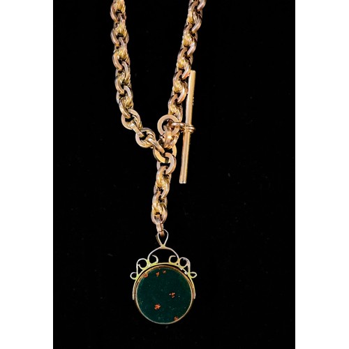 146 - A 9ct gold rope-link double Albert chain with dog clips, t-bar and carnelian and bloodstone swivel f... 