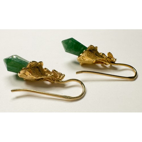 236 - A pair of 18ct yellow gold wired drop earrings, set in a floral tulip design with briolette shaped g... 