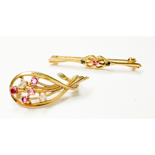 233 - Two 9ct yellow gold brooches, one set with ruby and sapphires, the other with red and white faceted ... 