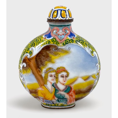 358 - A 19th century Canton enamel on copper large snuff bottle, of flattened circular form, decorated in ... 