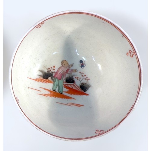 31 - An 18th century New Hall porcelain bowl painted with 'Boy and Butterfly' pattern in polychrome, toge... 