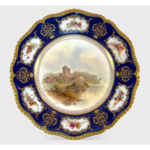 29 - A Royal Worcester Porcelain 'James Stinton' Cabinet plate, painted to the centre with Bathal Castle ... 