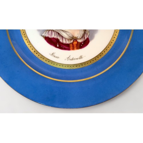 38 - Three Sevres Porcelain cabinet plates, each with 'bleu celeste' grounds within burnished gilt border... 