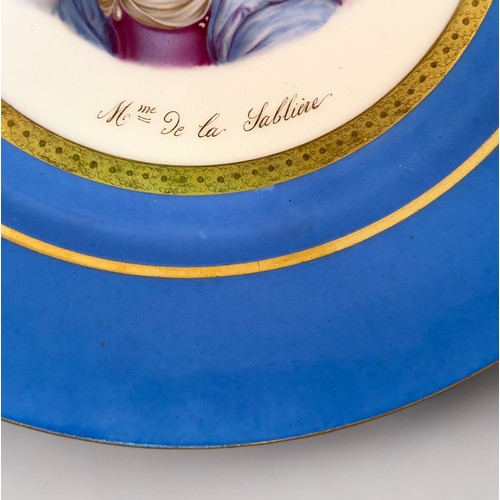 38 - Three Sevres Porcelain cabinet plates, each with 'bleu celeste' grounds within burnished gilt border... 