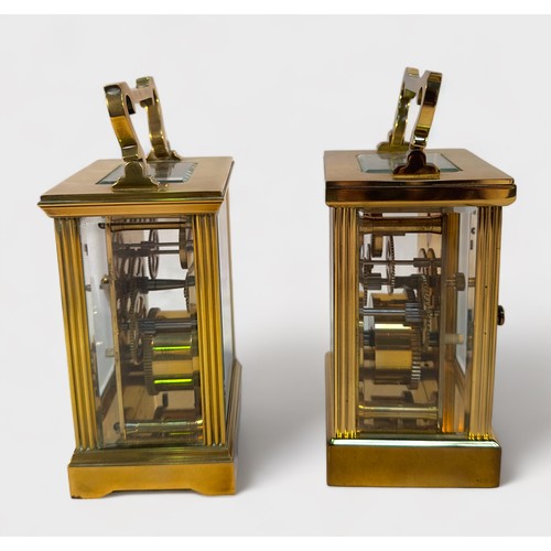 505 - Two brass cased carriage clocks, of near identical form, both with white enamelled dial and Roman nu... 