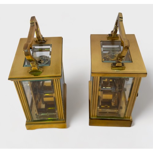 505 - Two brass cased carriage clocks, of near identical form, both with white enamelled dial and Roman nu... 