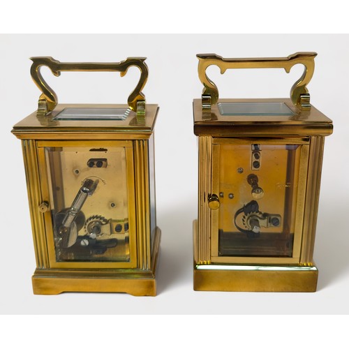 505 - Two brass cased carriage clocks, of near identical form, both with white enamelled dial and Roman nu... 