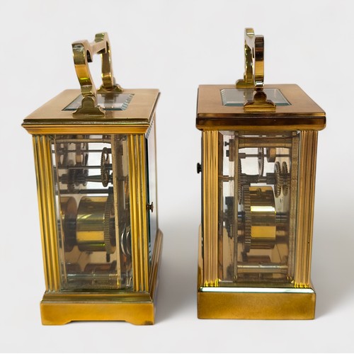 505 - Two brass cased carriage clocks, of near identical form, both with white enamelled dial and Roman nu... 