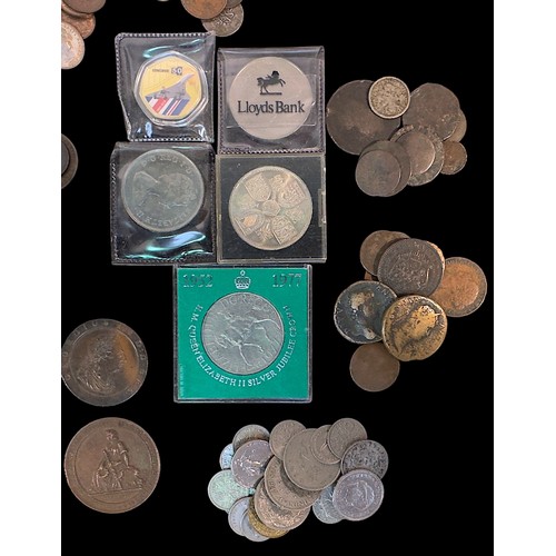 298 - A loose collection of circulated world coins, including a 1797 George III 'cartwheel' penny in EF co... 