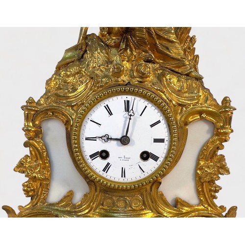 506 - A 19th Century French gilt-spelter mantel clock by Henry Marc, Paris, the white enamel dial with Rom... 